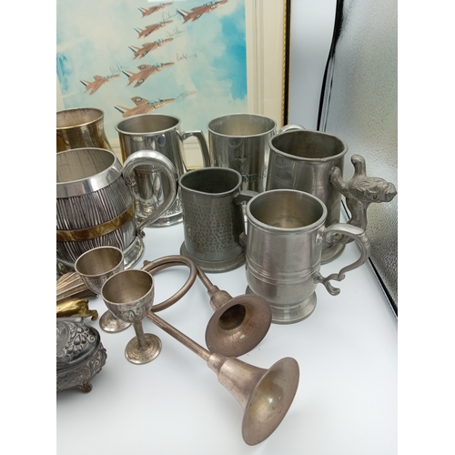 32 - Collection Of Decorative Pewter Tankards and Similar Items & Vintage 'Perfect Loop' Airforce Framed ... 