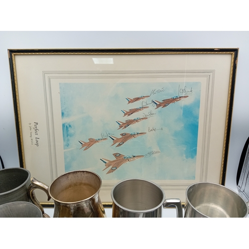 32 - Collection Of Decorative Pewter Tankards and Similar Items & Vintage 'Perfect Loop' Airforce Framed ... 