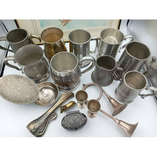 32 - Collection Of Decorative Pewter Tankards and Similar Items & Vintage 'Perfect Loop' Airforce Framed ... 