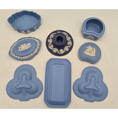245 - A collection of 8 pieces of Wedgwood Jasperware in Blue. Includes a 1977 plate; a 1980 plate; 2 lidd... 