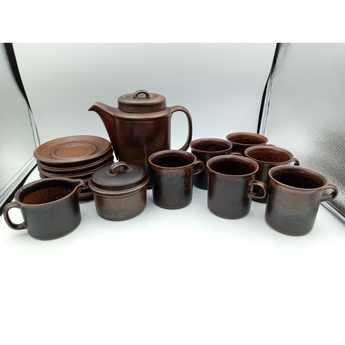 242 - Vintage Brown Arabia Made In Finland Ruska Coffee Set Including Saucers, Mugs and Pot