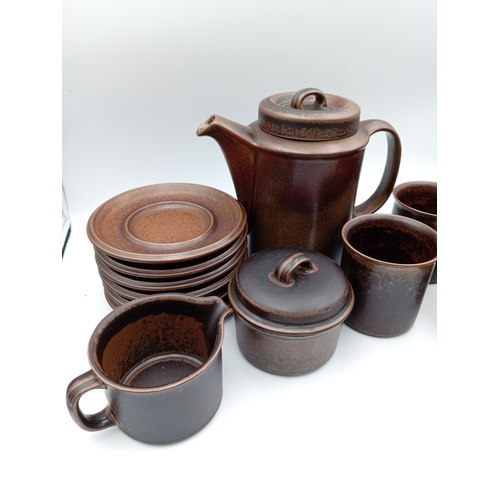 242 - Vintage Brown Arabia Made In Finland Ruska Coffee Set Including Saucers, Mugs and Pot