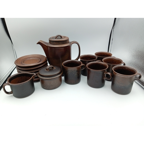 242 - Vintage Brown Arabia Made In Finland Ruska Coffee Set Including Saucers, Mugs and Pot