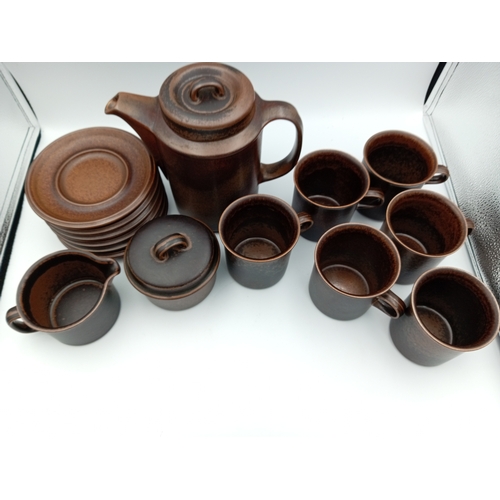 242 - Vintage Brown Arabia Made In Finland Ruska Coffee Set Including Saucers, Mugs and Pot