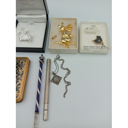 350 - Assortment Of Vintage Items Including Cigarette Cases, Necklaces, & Brooches As Well As A Swarovski ... 