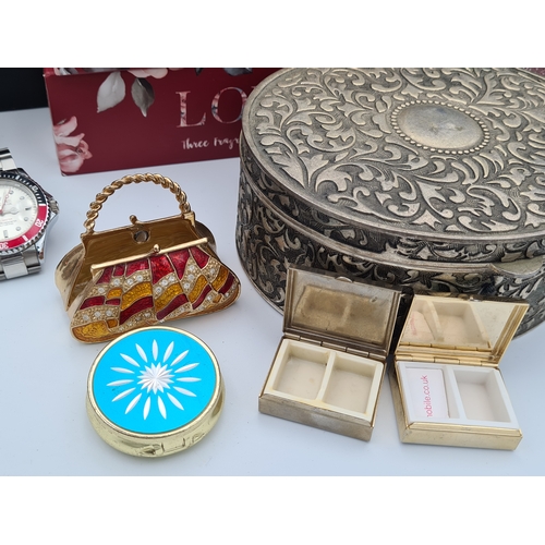 52 - A job lot of small items housed in a large black cash box (no key), items include clocks, various bo... 