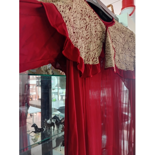 216 - A 1920's burgundy Chiffon dress with lace work A/F (rip to front lower half)
