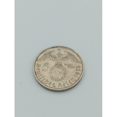 386 - Germany 1938 5 Marks .900 Silver High Grade Hindenberg