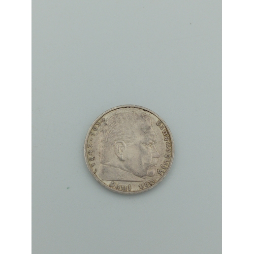 386 - Germany 1938 5 Marks .900 Silver High Grade Hindenberg