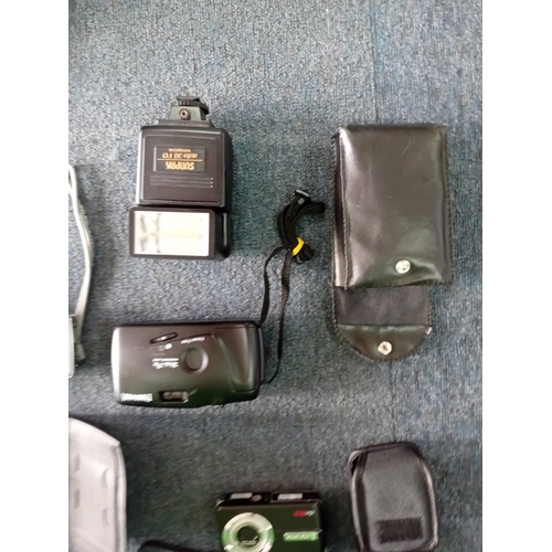 13 - A Chinese style chest & 5 cameras, a camera flash unit & palm personal digital assistant inside (H 2... 