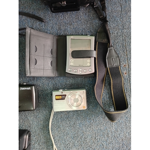 13 - A Chinese style chest & 5 cameras, a camera flash unit & palm personal digital assistant inside (H 2... 