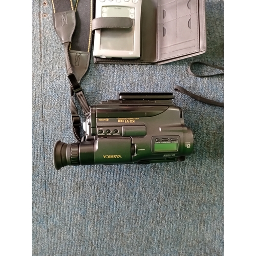 13 - A Chinese style chest & 5 cameras, a camera flash unit & palm personal digital assistant inside (H 2... 