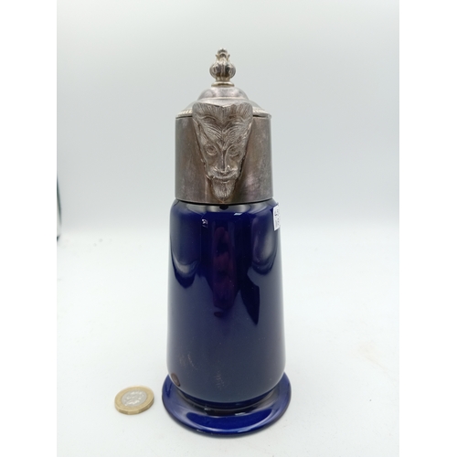 25 - Vintage Wade Falstaff Cobalt Blue Claret Jug Silver Plated Handle