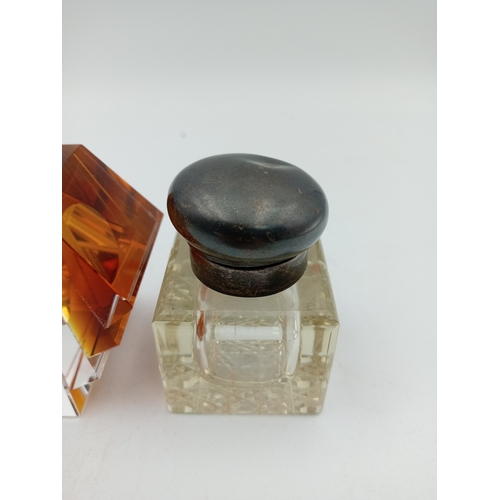 31 - Art Deco Style Cut Crystal Glass Vintage Perfume Bottle & Vintage Glass Inkwell With A Stamped Silve... 