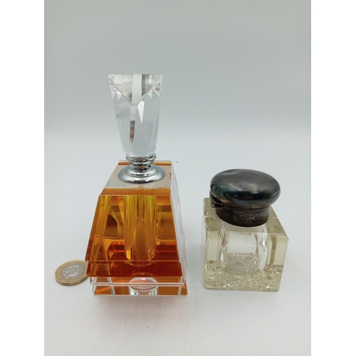 31 - Art Deco Style Cut Crystal Glass Vintage Perfume Bottle & Vintage Glass Inkwell With A Stamped Silve... 