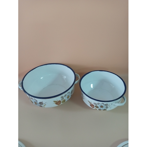 33 - 3 80's enamel wear pots, 2 white and blue New Co pots with a flower pattern (1 20cm, 1 16cm) and 1 y... 