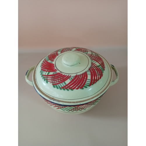 33 - 3 80's enamel wear pots, 2 white and blue New Co pots with a flower pattern (1 20cm, 1 16cm) and 1 y... 