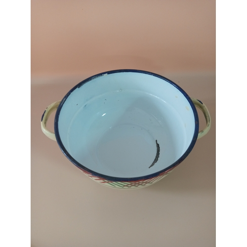 33 - 3 80's enamel wear pots, 2 white and blue New Co pots with a flower pattern (1 20cm, 1 16cm) and 1 y... 