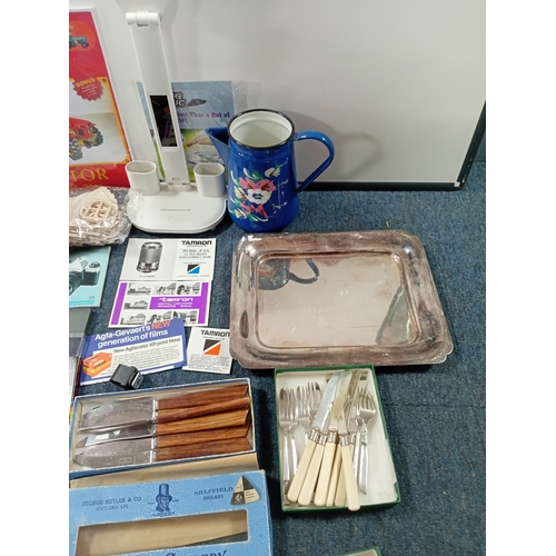 49 - A collection of items from a house clearance. To include; a homemade robot, cutlery, an Elkington pl... 