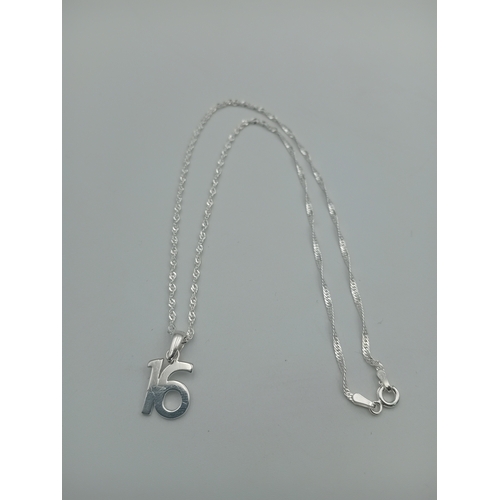 395 - A number 16 pendant on a stamped 925 silver necklace.