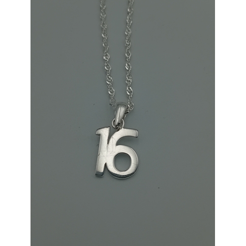 395 - A number 16 pendant on a stamped 925 silver necklace.