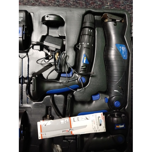 14 - A nutool cordless tool set. To include  a cordless drill, a reciprocating saw, a torch, and two batt... 