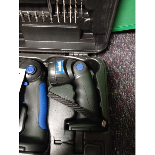 14 - A nutool cordless tool set. To include  a cordless drill, a reciprocating saw, a torch, and two batt... 