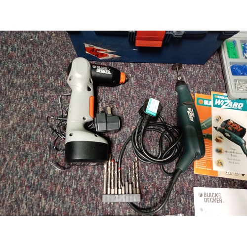 19 - A black & decker screwdriver/drill, A Black & decker wizard rotary tool & a tool box.