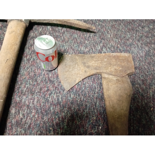 27 - A large wooden handled wood splitting axe & a large wooden handled pickaxe.