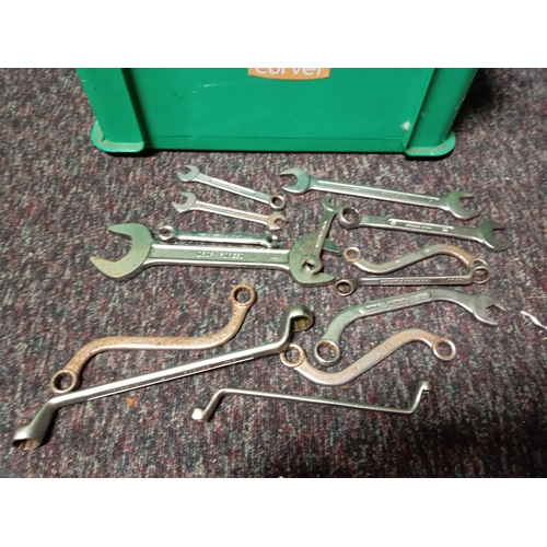 37 - A box of over 50 spanners of various sizes.