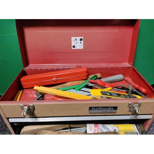 68 - A metal Halfords professional tool box with tools. (H 30 cm x W 51 cm x D 23 cm)