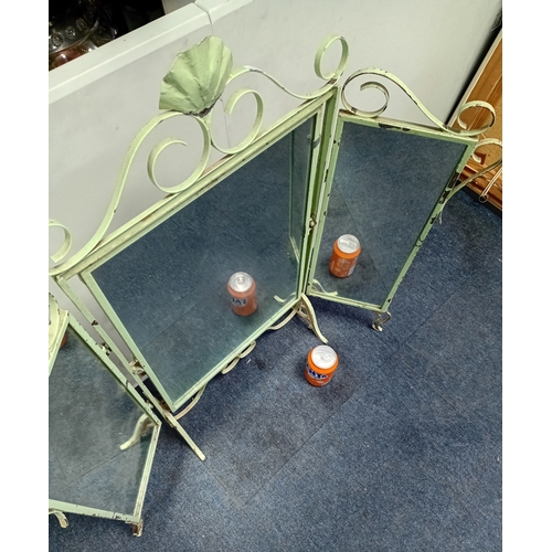55 - A vintage metal triple dressing table mirror with a triptych design.