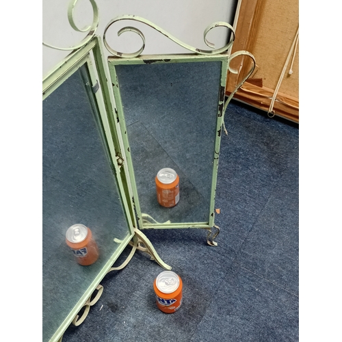 55 - A vintage metal triple dressing table mirror with a triptych design.
