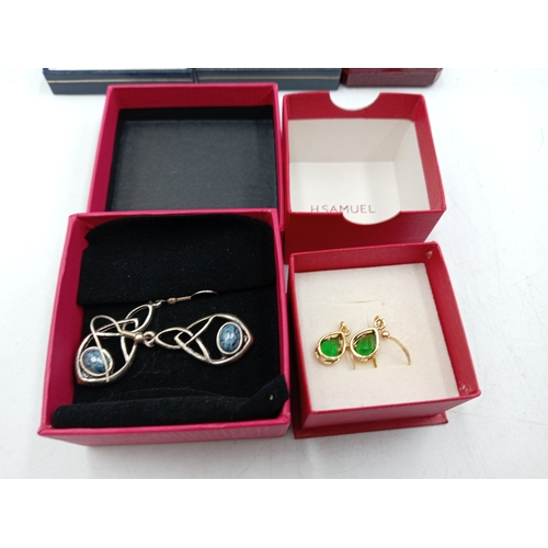 377 - Two pairs of silver earrings and a silver necklace with a pink stone. one yellow metal and one white... 