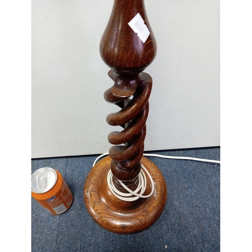 127 - Antique oak barley twist lamp. Pat tested. 79cm in height.