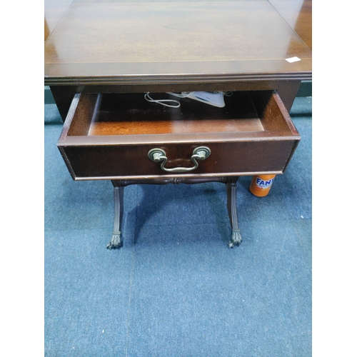 137 - A mahogany drop-leaf table with claw feet on castors.