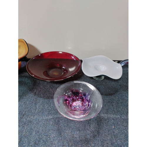 273 - A collection of 7 pieces of coloured glass. To include Murano.