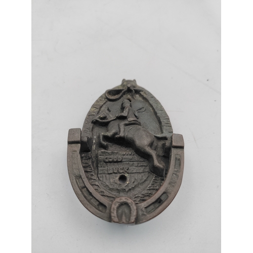 230 - A pair of Victorian door knockers. One a lions head brass door knocker & an equestrian hunt themed d... 
