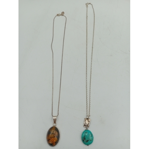 370 - Two stamped 925 silver necklaces. One has a turquoise colour stone and one has a silver mounted pend... 