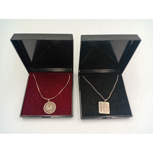 393 - Two stamped 925 silver necklaces. One has a stamped silver Aries pendant and a hallmarked 925 child ... 