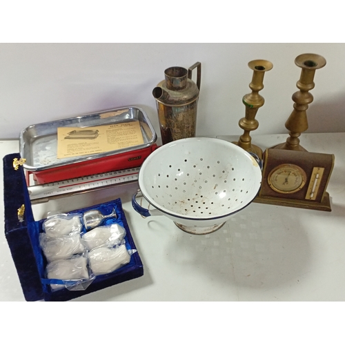 54 - A mixed lot of metalware and kitchenalia including brass candlesticks, comet kitchen scales, EPNS Co... 