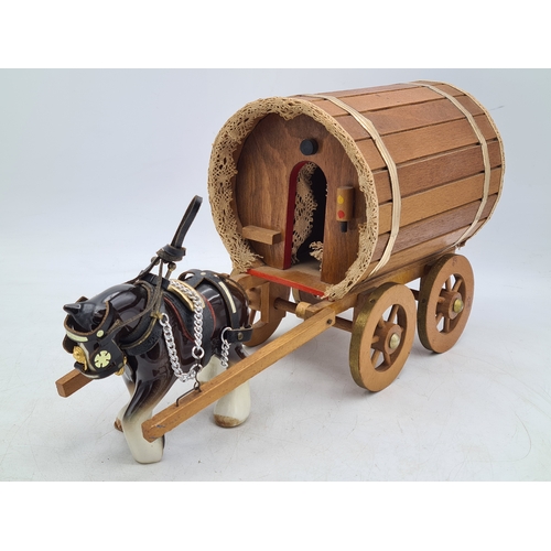 6 - A Ornamental Ceramic Shire Horse With a Romany Rose Wooden Traveller's Caravan.
