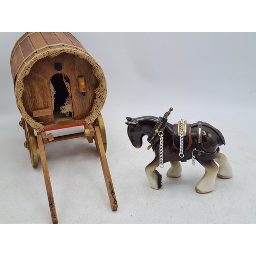 6 - A Ornamental Ceramic Shire Horse With a Romany Rose Wooden Traveller's Caravan.