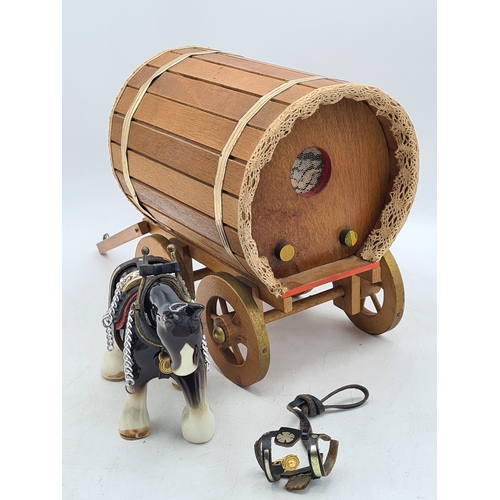 6 - A Ornamental Ceramic Shire Horse With a Romany Rose Wooden Traveller's Caravan.