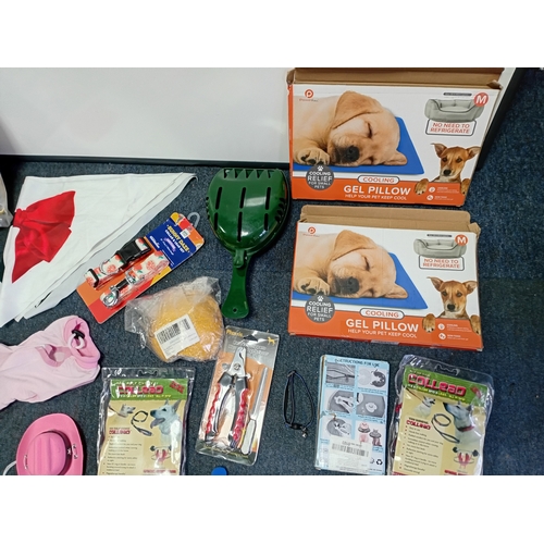 16 - A collection of dog accessories including leads, hats, bandanas etc