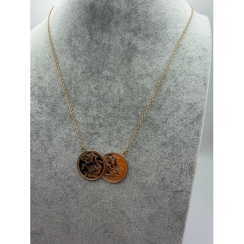 76 - A stamped 9ct gold double sovereign style necklace. Length 20 Inches. Weight 6.47g