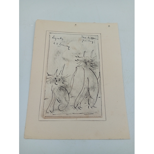 104 - An Orginal ink drawing signed L. S. Lowry depicting a pair of cats. (Height 20 cm x Width 13 cm)