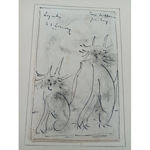 104 - An Orginal ink drawing signed L. S. Lowry depicting a pair of cats. (Height 20 cm x Width 13 cm)
