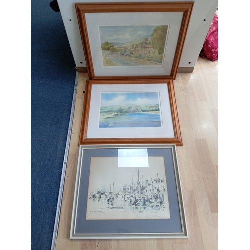 106 - A trio of Signed framed prints. To include swing bridge, Reeth, Yorkshire by KW Burton (Height 48 cm... 