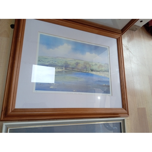 106 - A trio of Signed framed prints. To include swing bridge, Reeth, Yorkshire by KW Burton (Height 48 cm... 